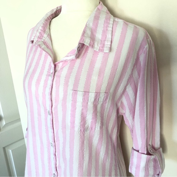 Secret Possessions Pink Metallic Stripped Button Down Shirt Top Women’s Size M/L - Picture 3 of 12